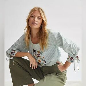 Anthropologie Womens Small Blue Striped Sequin Puff Sleeve Shirt New
